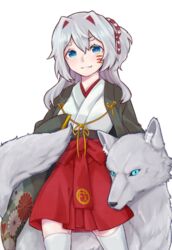  animal_ears blue_eyes commentary_request facial_mark female floral_print grey_hair highres kurumikko long_hair looking_at_viewer millipen_(medium) nengajou new_year original red_skirt skirt standing thick_eyebrows thighhighs traditional_media whisker_markings white_legwear wide_sleeves wolf 