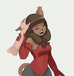  ankama armwear brown_hair closed_eyes clothing detached_sleeves dofus dogma duo ecaflip felid female hair humanoid mammal miranda_(wakfu) open_mouth petting simple_background smile solo_focus wakfu white_background 