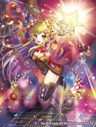  blonde_hair blue_eyes boots bow bowtie breasts cardfight!!_vanguard cleavage commentary_request company_name curtains facial_mark female hair_ornament hat long_hair madopen medium_breasts official_art open_mouth photoshop_(medium) solo sparkle star_(symbol) star_hair_ornament star_magician_elen two_side_up wand 