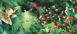  4girls 5boys antique_(artist) blonde_hair boots commentary_request dress fado_(ocarina_of_time) fairy fingerless_gloves gloves great_deku_sprout green_hair hairband hat in_tree instrument kokiri link lying mido_(zelda) multiple_boys multiple_girls music navi ocarina photoshop_(medium) playing_instrument pointy_ears ribbed_sweater saria_(zelda) short_hair sitting sitting_in_tree skirt smile sweater the_legend_of_zelda the_legend_of_zelda:_ocarina_of_time tree tunic 