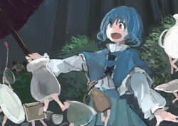  blue_eyes blue_hair capelet commentary_request female forest frying_pan futatsuiwa_mamizou futatsuiwa_mamizou_(tanuki) heterochromia hiding ichiba_youichi ladle leaf leaf_on_head legs long_sleeves nature open_mouth pitcher_(container) plate poncho pot red_eyes shirt skirt tanuki tatara_kogasa touhou tsukumogami vase 