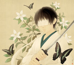  1boy album_cover black_hair blindfold bug butterfly commentary_request cover floral_background flower holding holding_sword holding_weapon japanese_clothes katana kimono male_focus muted_color nihonga orange_blossoms original re:i signature solo style_request sword two-handed weapon white_blindfold white_flower yellow_background 