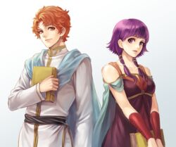  1boy arm_guards artur_(fire_emblem) bad_id bad_pixiv_id bare_shoulders book breasts cape couple dress female fire_emblem fire_emblem:_the_sacred_stones looking_at_another lotter75 lute_(fire_emblem) medium_breasts orange_eyes orange_hair own_hands_together priest purple_eyes purple_hair robe short_hair simple_background smile straight twintails upper_body 