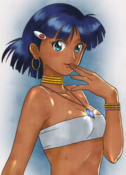  absurdres bandeau bare_shoulders blue_gemstone blue_hair bob_cut bracelet breasts commentary_request dark-skinned_female dark_skin earrings female fingers_to_mouth fushigi_no_umi_no_nadia gem gold_bracelet green_eyes hair_ornament hairclip highres hoop_earrings jewelry lips maruyama_musashi nadia_la_arwall neck_ring necklace pendant photoshop_(medium) short_hair simple_background small_breasts solo strapless tube_top upper_body 