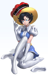  bad_id bad_pixiv_id black_hair blue_eyes breasts dress elbow_gloves female gloves hat highres kilart medium_breasts no_shoes pantyhose photoshop_(medium) princess_sapphire puff_and_slash_sleeves puffy_short_sleeves puffy_sleeves ribbon_no_kishi shoes short_dress short_hair short_sleeves sitting solo unworn_shoes white_background white_gloves white_pantyhose 