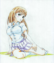  blush breasts colored_pencil_(medium) commentary_request dokozo_no_shirou female graphite_(medium) green_eyes large_breasts long_hair looking_at_viewer no_shoes original overexposure pleated_skirt purple_skirt sitting skirt socks solo traditional_media yokozuwari 