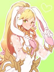  alternate_costume animal_ears blonde_hair commentary_request fake_animal_ears female fire_emblem fire_emblem_heroes gloves green_background green_eyes long_hair rabbit_ears see-through sharena_(fire_emblem) sharena_(spring)_(fire_emblem) simple_background smile solo white_gloves zbrk 