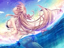  aozora_stripe arched_back ass bikini blush braid breasts brown_hair closed_eyes female game_cg hair_ribbon head_tilt large_breasts long_hair partially_submerged piromizu ribbon sawatari_kotone sideboob sky smile solo strap_gap swimsuit twin_braids very_long_hair water whipping_hair white_bikini 