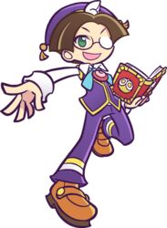  1boy aqua_bow aqua_bowtie book bow bowtie brown_hair clock full_body glasses green_eyes hat holding holding_book klug_(puyopuyo) male_focus ninomotonino official_art open_book pants puyopuyo puyopuyo_fever shirt shoes smile solo tassel_hat_ornament transparent_background 