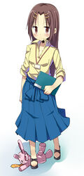  amaa_(chou_dennou_jidai) bad_id bad_pixiv_id brown_eyes brown_hair chihaya_megumi female folder hair_ornament hairclip long_hair long_skirt momoi_kenzou name_tag necktie pleated_skirt servant_x_service skirt standing stepped_on stuffed_animal stuffed_rabbit stuffed_toy 