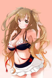  bikini blush brown_hair female heterochromia kantai_collection long_hair murasame_(kantai_collection) personification red_eyes smile solo swimsuit very_long_hair yellow_eyes 