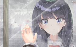  black_hair blue_eyes blush bow bowtie closed_mouth cloud cloudy_sky collared_shirt commentary_request condensation female gridman_universe head_tilt highres indoors long_hair long_sleeves overcast portrait rain red_bow red_bowtie reflection shirt sky solo ssss.gridman synn032 takarada_rikka tears white_shirt window window_fog 