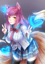  accessory ahri_(lol) animal_humanoid better_version_at_source bottomwear bow_(disambiguation) brown_body brown_fur canid canid_humanoid canine canine_humanoid chiroyo clothing female fox fox_humanoid fox_tail foxfire fur glowing hair hair_accessory hairclip heart_symbol humanoid league_of_legends legwear magic mammal mammal_humanoid necktie pink_body pink_fur pink_hair ribbons riot_games simple_background skirt solo stockings tencent uniform whiskers yellow_eyes 