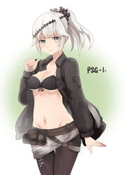  bikini bikini_top_only black_bikini black_scrunchie breasts character_name cleavage commentary cowboy_shot female girls&#039;_frontline grey_eyes hair_ornament highres jacket lishu_jun looking_at_viewer medium_breasts navel pantyhose ponytail psg-1_(girls&#039;_frontline) sarong scrunchie smile swimsuit white_hair 