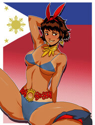  arm_up belt bikini black_eyes blue_bikini blush brown_hair choker daga earrings female flag flag_background hair_ribbon jewelry josie_rizal philippine_flag photoshop_(medium) ribbon scratching_head sitting skirt skirt_around_one_leg solo source_request spread_legs swimsuit tan tanlines tekken tekken_7 