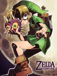  1boy blonde_hair blue_eyes boots commentary_request copyright_name corn_potako full_moon hat holding holding_mask link majora_(entity) male_focus mask moon pointy_ears shaded_face solo the_legend_of_zelda the_legend_of_zelda:_majora&#039;s_mask tunic typo young_link 