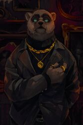  2:3 5_fingers anthro bear chains claws clothed clothing disney fingers front_view fully_clothed fur green_eyes grey_body grey_fur half-length_portrait hi_res inside jacket jewelry koslov_(zootopia) looking_at_viewer male mammal necklace painting pendant polar_bear portrait ring rye-beer solo topwear ursine zootopia 