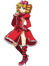  blonde_hair blue_eyes bow breasts commentary_request dress drill_hair em_crazy female finger_to_mouth gaap_(umineko) hand_on_own_hip hat high_heels kneehighs long_hair medium_breasts pink_bow sideboob socks solo striped_clothes striped_socks umineko_no_naku_koro_ni 