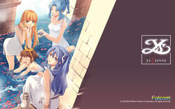  4girls aisha_sari_edonas barefoot blue_eyes blue_hair bracelet braid breasts brown_hair closed_eyes company_name copyright_name dress earrings hairband half_updo highres jewelry long_hair looking_back maya_(ys) medium_breasts mishera_(ys) multiple_girls official_art orange_hair petals short_hair skirt tia_(ys) urn water wet white_dress ys ys_seven 