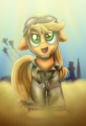  2013 applejack_(mlp) armor army blonde_hair clothing dog_tags dusty equid equine eyewear female feral flying freckles friendship_is_magic fur goggles green_eyes gun hair hasbro headgear helmet hi_res high-roller2108 horse mammal military my_little_pony mythological_creature mythological_equine mythology orange_body orange_fur pegasus pony ranged_weapon rifle sand silhouette soldier standing uniform warrior weapon wings 