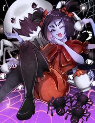  arthropod_girl bad_id bad_pixiv_id black_background black_hair black_pantyhose bow bug colored_skin commentary_request cup dress extra_arms extra_eyes fangs female food hairbow hand_up looking_at_viewer mentai_shijimi monster_girl muffet muffet&#039;s_pet open_mouth pantyhose puffy_short_sleeves puffy_sleeves purple_skin red_bow red_dress ribbon short_hair short_sleeves short_twintails silk sitting smile solo spider spider_girl spider_web teacup teapot twintails two_side_up undertale 