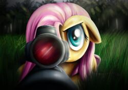  2013 blue_eyes equid equine female fluttershy_(mlp) friendship_is_magic grass gun hair hasbro high-roller2108 horse looking_at_viewer mammal my_little_pony outside pink_hair plant pony ranged_weapon rifle scope sniper_rifle solo tree weapon 