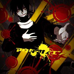  1boy bad_id bad_pixiv_id belt black_hair dark_konoha domu_(hamadura) headphones kagerou_project konoha_(kagerou_project) male_focus outer_science_(vocaloid) red_eyes scarf short_ponytail smile solo 