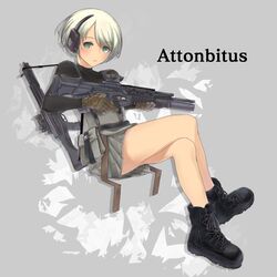  blonde_hair boots commentary female gloves green_eyes gun headphones highres holding holding_gun holding_weapon moririn original pouch short_hair simple_background sitting solo weapon 