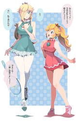  2girls :d alternate_breast_size arm_at_side bad_id bad_pixiv_id bare_arms bare_legs bare_shoulders blonde_hair blue_eyes breasts brooch commentary crown dress earrings floating full_body green_dress green_eyes hair_over_one_eye hand_on_own_chest hand_up height_difference highres hip_focus hoshikuzu_pan jewelry large_breasts legs long_hair long_legs looking_at_another mario_(series) mario_tennis mario_tennis_aces medium_breasts multiple_girls official_alternate_costume open_mouth pantyhose parted_lips ponytail princess_peach racket red_dress rosalina shoes short_dress sleeveless sleeveless_dress smile sparkle super_mario_galaxy tennis_dress tennis_peach tennis_racket tennis_rosalina thighs translated white_legwear wide_hips wristband 