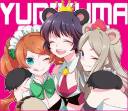  3girls ;q ^_^ animal_ears animal_hands arm_around_shoulder bad_id bad_pixiv_id bear_ears bear_girl bear_paws black_hair blue_eyes blush brown_hair closed_eyes crown fang_out girl_sandwich gloves licking_lips long_hair looking_at_viewer maid_headdress multiple_girls oerba_yun_fang one_eye_closed paw_gloves purple_eyes sandwiched short_hair smile spoilers syota tongue tongue_out tsubaki_kureha twintails yuri yuri_kuma_arashi yurigasaki_lulu yurishiro_ginko 