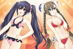  2girls bare_shoulders bikini black_hair braid chou_megami_shinkou_noire_gekishin_black_heart contest_button frilled_bikini frills hair_ornament highres long_hair looking_at_viewer multiple_girls neptune_(series) noire_(neptunia) official_art red_eyes rii_fai side-tie_bikini_bottom smile swimsuit tsunako twintails very_long_hair 