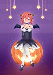  &gt;:) absurdres bat_hair_ornament blush breasts cleavage commentary_request crescent crossed_legs demon_girl demon_horns demon_wings female gabriel_dropout hair_ornament hallelujah_essaim halloween highres horns jack-o&#039;-lantern large_breasts looking_at_viewer meng_jiang pantyhose pumpkin purple_eyes red_hair satanichia_kurumizawa_mcdowell sitting sky smile solo star_(symbol) starry_background v-shaped_eyebrows white_pantyhose wings 