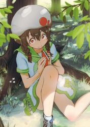  beret book braid branch brown_hair c: closed_mouth commentary_request dress female grass hair_between_eyes hat highres holding holding_book inami_hatoko knee_up leaf looking_at_viewer official_art original outdoors red_eyes sailor_collar sailor_dress school_uniform serafuku shoes sitting smile sneakers solo tree twin_braids 