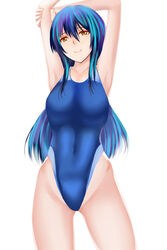  arms_up bad_id bad_pixiv_id blue_hair brown_eyes commentary_request competition_swimsuit covered_navel female highleg highleg_swimsuit long_hair one-piece_swimsuit original shima-shuu solo swimsuit 