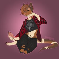  1:1 2018 alternative_fashion anthro bambii_dog barefoot belt biped bottomwear brown_hair claws clothed clothing fangs feet female fishnet_clothing grunge_(fashion) hair hi_res inverted_pentacle mammal midriff navel occult_symbol pants pawpads pentacle pentagram plaid satanism shirt sigil_of_baphomet solo symbol t-shirt teeth toe_claws topwear torn_clothing 