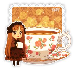  :d artist_name black_pantyhose blush brown_dress brown_eyes brown_hair chibi commentary cup dav-19 dress female floral_print food full_body holding holding_food lace_background long_hair open_mouth original pantyhose personification print_cup saucer see-through see-through_silhouette smile solo standing sugar_cube tea teacup transparent_background very_long_hair watermark web_address 