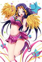  bad_id bad_pixiv_id blush breasts cheerleader crop_top endou_masatoshi female jumping kneehighs large_breasts liliana_vess long_hair magic:_the_gathering midriff navel one_eye_closed open_mouth pom_pom_(cheerleading) purple_eyes purple_hair shiny_skin shoes skirt smile sneakers socks solo 