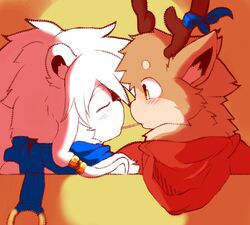  anthro antlers blush closed_eyes deer duo felid food food_in_mouth horn leo_(whiteleo) lion male male/male mammal mane new_world_deer pantherine pocky rear_view reindeer rudolph_the_red-nosed_reindeer scarf whiteleo young 