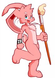  anthro barefoot biped blush brush feet hi_res inkbunny inkbunny_(character) jewelry lagomorph leporid looking_at_viewer mammal mascot nude on_one_leg open_mouth paintbrush pendant rabbit side_view smile solo standing walking whiskers whiteleo 