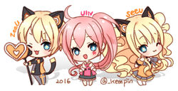  1boy 2016 2girls :3 ;3 animal_ears blonde_hair blue_eyes cat_ears character_name chibi commentary dual_persona fake_animal_ears fake_tail genderswap_(ftm) headset hobak long_hair lowres megaphone multiple_girls one_eye_closed photoshop_(medium) pink_hair rule_63 seeu side_ponytail simple_background skirt smile star-shaped_pupils star_(symbol) symbol-only_commentary symbol-shaped_pupils tail twitter_username typo uni_(vocaloid) very_long_hair vocaloid white_background zeeu 