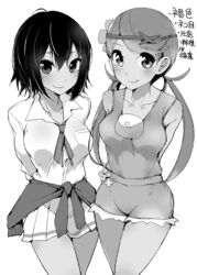  2girls blush bokutachi_wa_benkyou_ga_dekinai breasts commentary_request crossover dark-skinned_female dark_skin flower greyscale hair_flower hair_ornament long_hair looking_at_viewer mallow_(pokemon) medium_breasts monochrome multiple_girls pokemon pokemon_sm shirt short_hair simple_background skirt smile takemoto_uruka translation_request twintails tyranu 