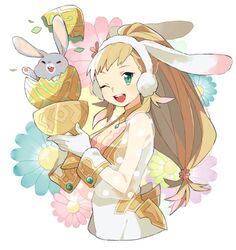  ;d animal_ears bad_id bad_twitter_id blonde_hair breasts cleavage cleavage_cutout clothing_cutout cup easter_egg egg fake_animal_ears female fire_emblem fire_emblem_heroes flower gloves green_eyes holding long_hair medium_breasts official_alternate_costume one_eye_closed open_mouth pekaso1118n rabbit rabbit_ears see-through sharena_(fire_emblem) sharena_(spring)_(fire_emblem) smile solo white_gloves 