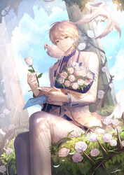  1boy animal animal_on_shoulder arthur_pendragon_(fate) arthur_pendragon_(white_rose)_(fate) belt_buckle between_fingers bird bird_on_shoulder blonde_hair blue_necktie blue_sky bouquet buckle building column commentary_request day dutch_angle fate/grand_order fate_(series) feet_out_of_frame flower formal green_eyes highres holding holding_flower holding_letter jacket leaf letter light_rays long_sleeves looking_at_viewer male_focus necktie open_clothes open_jacket pants pillar plant revision rose seiza signature sitting sky smile sunbeam sunlight tenyo0819 thorns vines white_flower white_jacket white_pants white_rose 