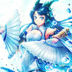  aka_(440626) blue_eyes blue_hair china_dress chinese_clothes cleavage_cutout clothing_cutout commentary_request dragon_girl dragon_horns dress dual_wielding elbow_gloves eyeliner female fins folding_fan gloves hand_fan head_fins holding holding_fan horns karin_(p&amp;d) long_hair makeup nail_polish puzzle_&amp;_dragons smile solo 