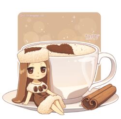  arm_support artist_name barefoot blush brown_dress brown_eyes brown_hair cappuccino chibi cinnamon_stick closed_mouth coffee coffee_beans commentary cup dav-19 dress english_commentary female food-themed_clothes fur-trimmed_dress fur_hat fur_trim hand_on_own_knee hat heart lace_background latte_art long_hair looking_at_viewer original personification saucer sitting smile solo teacup transparent_background very_long_hair watermark web_address white_hat 