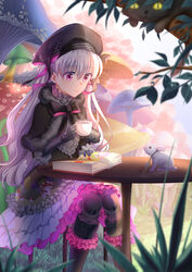  airysher blurry blurry_foreground book capelet chair commentary_request cup day doll_joints fate/grand_order fate_(series) feline female frills fur-trimmed_capelet fur_trim hair_between_eyes highres joints leaf long_hair mushroom nursery_rhyme_(fate) open_book outdoors pink_eyes rabbit sitting smile solo table teacup white_hair 