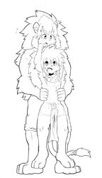  age_difference anthro barefoot black_and_white blush bodily_fluids bottomwear clothed clothing digital_drawing_(artwork) digital_media_(artwork) duo father_(lore) father_and_child_(lore) father_and_son_(lore) feet felid flying_sweatdrops front_view fur hi_res leo_(whiteleo) lifted lion looking_down looking_up male mammal mane monochrome open_mouth pantherine parent_(lore) parent_and_child_(lore) parent_and_son_(lore) pyromane scarf shorts size_difference son_(lore) sweat sweatdrop tight_clothing topless whiteleo young young_anthro 