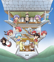  6+girls :p animal_ears apron arms_at_sides barefoot biwa_lute black_hair blonde_hair blue_dress blue_eyes blue_hair blue_sky bow braid brown_hair castle chibi cirno closed_eyes commentary_request crossed_arms cut-away day detached_sleeves disembodied_head double_dealing_character dress eighth_note electronic_drums fins from_side gohei grey_hair hair_tubes hairbow hakurei_reimu hanging head_fins head_tilt highres holding_with_feet horikawa_raiko imaizumi_kagerou instrument izayoi_sakuya japanese_clothes jitome kijin_seija kimono kirisame_marisa ladder layered_dress light_purple_hair long_hair long_sleeves looking_at_another looking_at_viewer looking_down looking_up lute_(instrument) maid_headdress mermaid mini-hakkero monster_girl mountain multicolored_hair multiple_girls music musical_note no_headwear no_mouth obi pillow playing_instrument poking_head profile quarter_note red_eyes red_hair rolling_sleeves_up sash seiza sekibanki shining_needle_castle short_hair short_sleeves singing single_braid sitting skirt skirt_set sky smile standing star_(symbol) streaked_hair sukuna_shinmyoumaru tatami throwing tongue tongue_out touhou triangle_mouth tsukumo_benben tsukumo_yatsuhashi upside-down waist_apron wakasagihime wings wolf_ears yellow_eyes yukimuro 