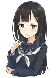  black_eyes black_hair black_serafuku blush commentary_request disapproving_stare female frown hair_ornament hairclip long_hair looking_at_viewer max_melon open_mouth original playing_with_own_hair ruffling_hair school_uniform serafuku simple_background solo upper_body white_background 