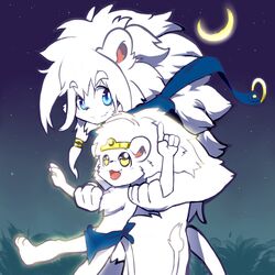  1:1 anthro cute_fangs duo felid gesture glowing hand_gesture hi_res kemono king_tsukimaru_(character) leo_(whiteleo) lifted lifted_by_arms lion looking_at_viewer looking_up male mammal mane moon mostly_nude night outside pantherine pointing scarf size_difference smile whiteleo young young_anthro 